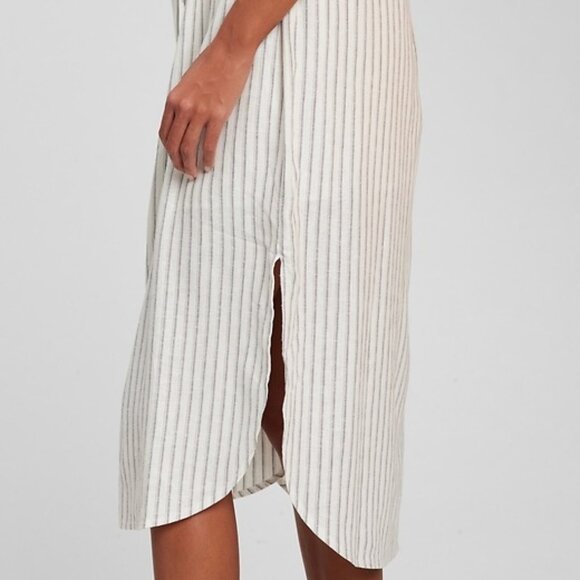 Gap Linen Blend Belted Shirtdress Sundress Button Down Striped Ivory Rayon - Picture 7 of 8